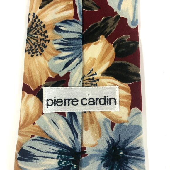 Pierre Cardin All Silk Floral Tie Maroon Blue Gold Tan Flower Print Made in USA - Picture 4 of 6